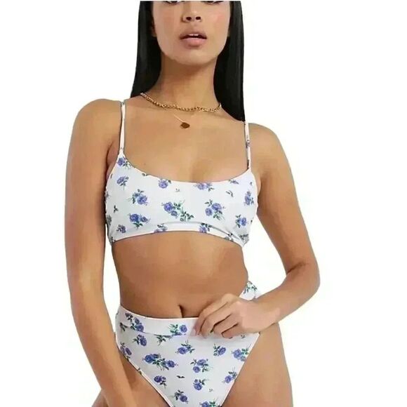 Zaful Women's White & Blue Poly/Spandex Floral Bikini w Removeable Pads & Adj St - Picture 3 of 10